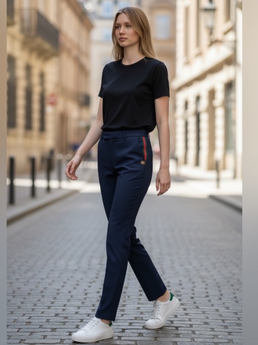Gucci Navy Women's Pants with Red GG Stripe & GG Adorned Side Button